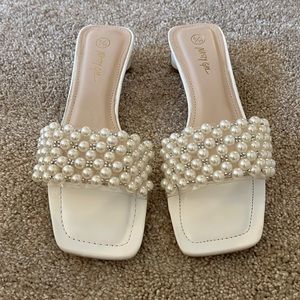White pearl slide heels